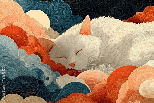 Dreaming cat rests peacefully on colorful cloud-like patterns in a serene artistic landscape
