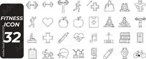 Collection of hand drawn fitness and exercise icons representing health and wellness activities