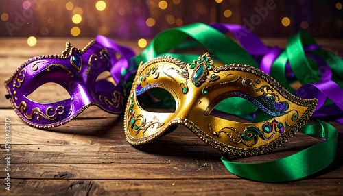Mardi Gras, decorative Mardi Gras masks and ribbons on wooden table, festive texture