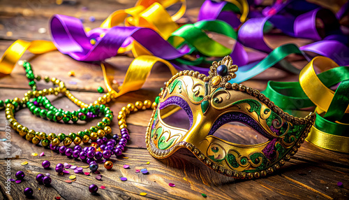 Mardi Gras, decorative Mardi Gras masks and ribbons on wooden table, festive texture
