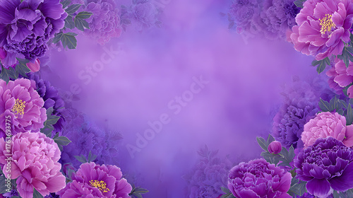 A purple background has a purple gradient, and the image features a purple wall with a purple and pink floral border on all four sides.