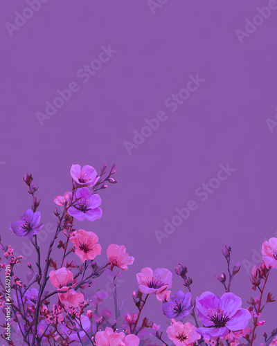 Purple background small wild floral design with copy space on top.