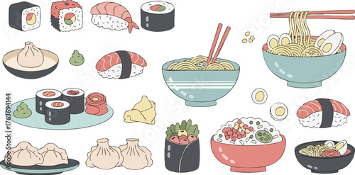 Cute Asian Food Collection Flat Vector – Sushi, Noodles, Rice Bowl, Traditional Japanese and Korean Dishes Illustration