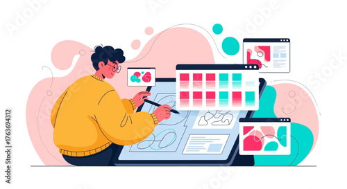 A designer working on a tablet with various design interfaces displayed on the screen