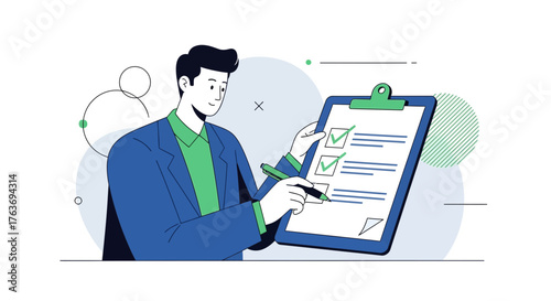 A business man with a checklist, completing tasks and checking them off in a meeting