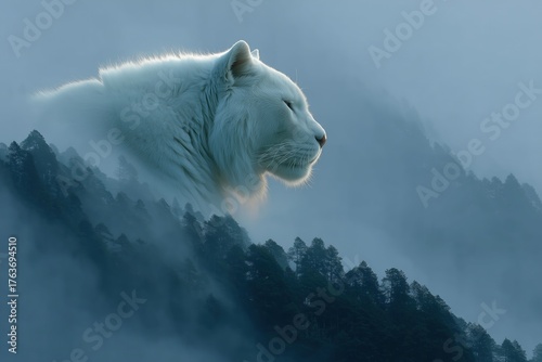 Majestic white tiger appears within misty mountains at dawn with serene atmosphere