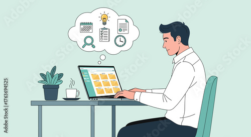 A man working on his laptop, thinking of ideas, planning and organizing his work effectively