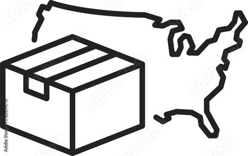 USA delivery business clip art icon symbol, import export concept, supply chain, sales occupation, USA map and cardboard box, isolated thin line vector illustration