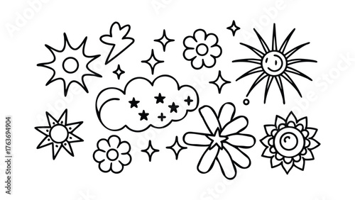 Whimsical Hand Drawn Doodle Icons of Sun Stars Clouds and Flowers Keywords: doodle, hand drawn, sketch, drawing, illustration, elements, icons