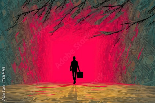 Businessman walking towards a vibrant tunnel of opportunity surrounded by abstract dollar patterns