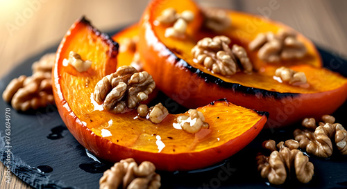 Russia Baked Pumpkin Slices (Zapechyonnaya Tykva). with honey and walnuts, caramelized edges and glossy glaze