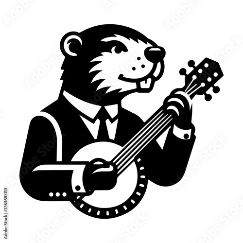 Beaver playing banjo wearing suit musical performance black and white.
