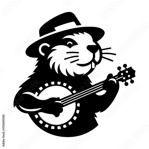 Beaver playing banjo wearing hat musical animal illustration.