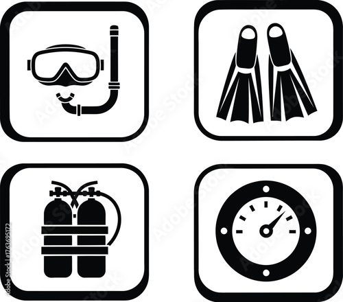 Diving equipment icons set scuba mask fins tank and gauge vector