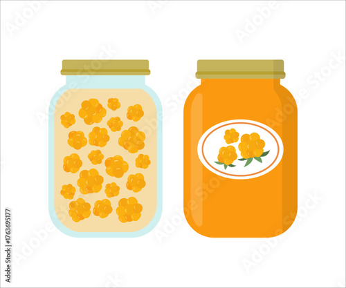 Cloudberry conserves in jars, jam jar and berry compote.