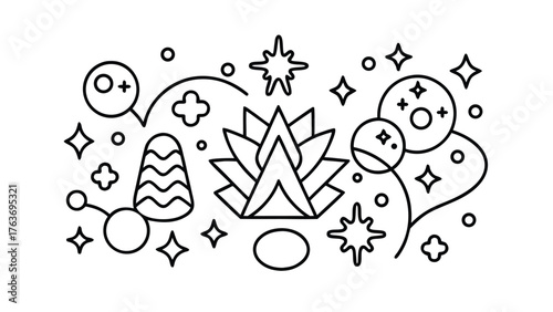 Abstract Outline Composition with Fire Stars and Geometric Shapes Keywords: fire, star, circle, cross, square, oval, abstract, outline, doodle