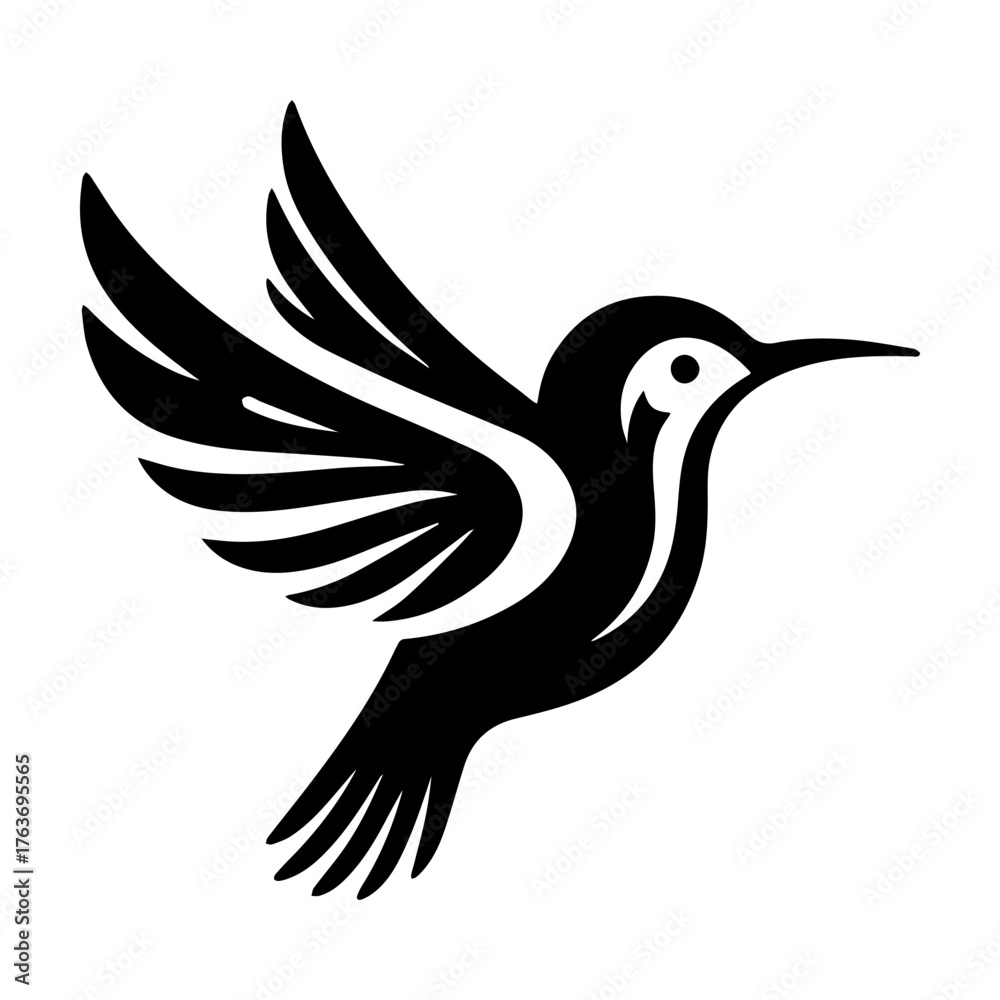 Obraz premium Elegant Black Hummingbird Silhouette in Flight: Graceful Nature Icon.