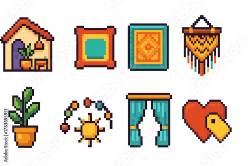 Home decor pixel art icon set. Cozy interior, house elements in retro pixel style