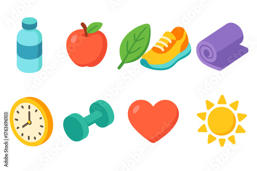 Health and fitness icon set. Flat style wellness, activity, exercise icons collection