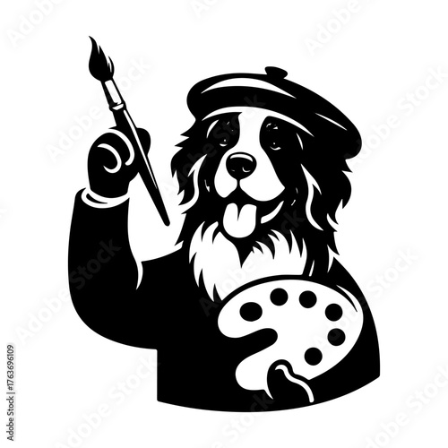 Artistic Dog Painter with Palette and Brush in Hand.