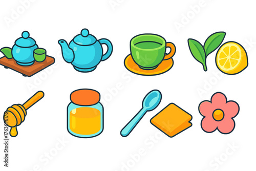 Tea time flat icon set. Teapot, cup, honey, lemon, and spoon illustrations