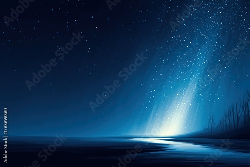 Night sky over a tranquil beach with bright stars and serene water reflection during twilight