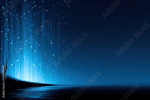 Night sky with glowing stars near a calm lake reflecting blue light