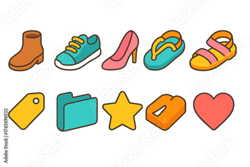 Shopping and fashion flat icon set. Style and accessory vector icons collection.