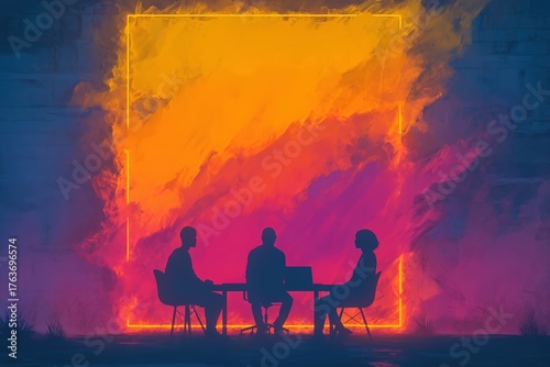 Creative collaboration in a vibrant meeting space during twilight hours