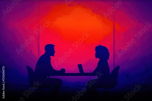 Two people engaged in conversation at a table against a vibrant sunset background