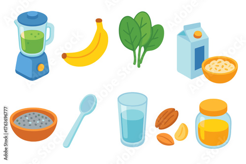 Smoothie ingredients icon set. Fresh fruits and kitchen items, flat design collection