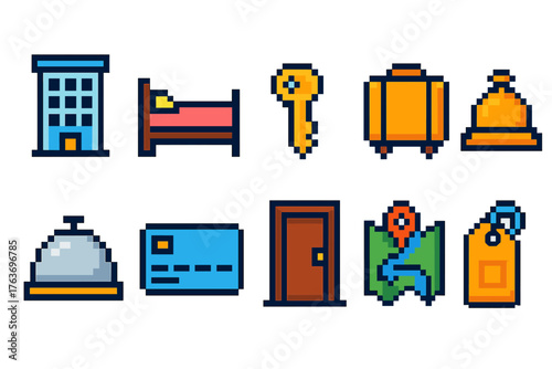 Hotel and travel pixel icon set. Hospitality, booking, and navigation icons collection