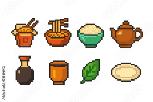Asian cuisine, food pixel art icon set. Noodles, rice, tea, sauce, leaf, plate icons