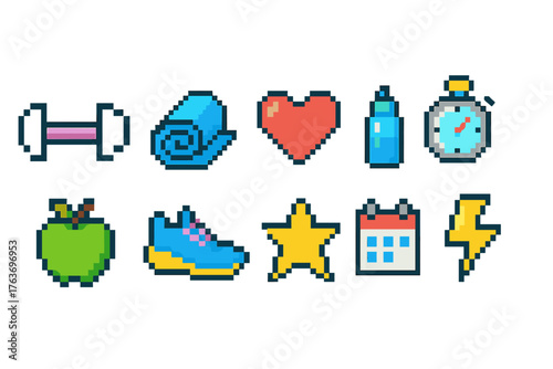 Health and fitness pixel icon set. Exercise, wellness icons collection in 8-bit style