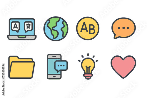 Language and communication icon set. Flat icons for translation, chat, global ideas.