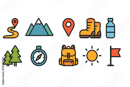 Hiking and outdoor adventure flat icon set. Backpacking, camping symbols in flat style.