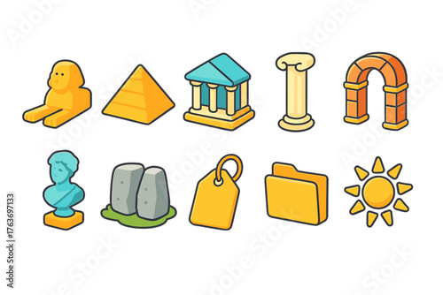 Ancient history icon set. Egyptian, greek civilization icons in flat style