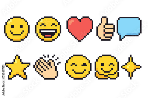 Emoji pixel icon set. Smile, heart, thumbs up pixelated icons in flat style