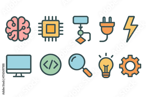 Technology, science flat icon set. Innovative digital tools and intelligence icons collection