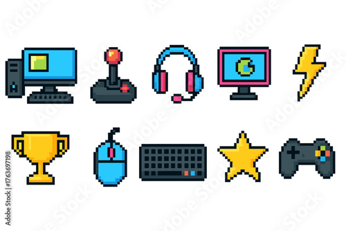 Gaming and technology flat icon set. Headset, controller, computer collection.