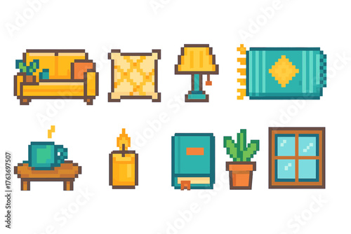 Home decor, cozy living flat icon set. Interior, comfort, home style icons collection