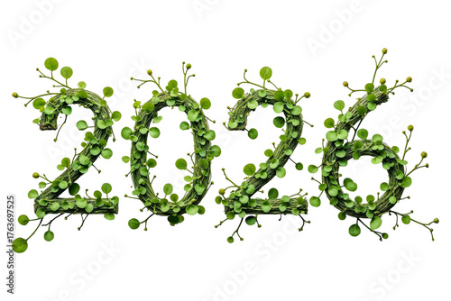 Creative composition of green leaves and vines forming the number “2026”, symbolizing growth, sustainability, renewal, and harmony with nature for the new year
