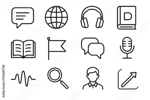 Student tools microphone magnifying globe dictionary wave icon language bubble vector icons