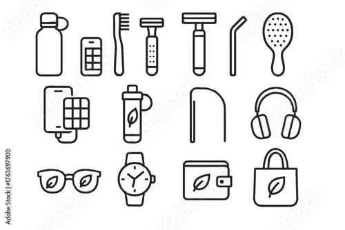 Icons reusable pocket straw watch vector shaver eco water gadget icon bag