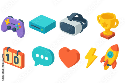Gaming and technology 3d icon set. Game controller, vr headset, trophy, rocket icons