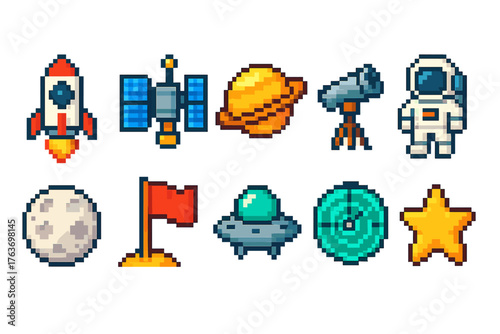 Space exploration pixel icon set. Rockets, planets, and telescope pixelated icons
