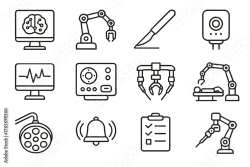 Icons surgical ai interface positioning monitoring guidance scalpel robotics alarm vector icon