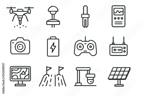 Mapping drone icon analysis logger panel collection screen soil arm markers vector