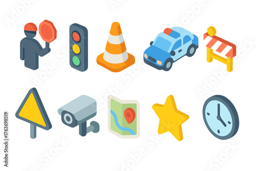 Transportation and road safety icon set in 3d style for urban mobility designs