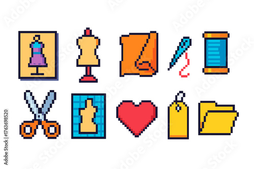 Sewing and crafting pixel art icon set. Needlework and tools in flat style collection